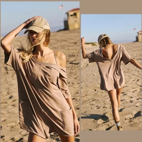 Free People Hot Shot Tee Romper in Mocha Latte - Picture 1 of 1